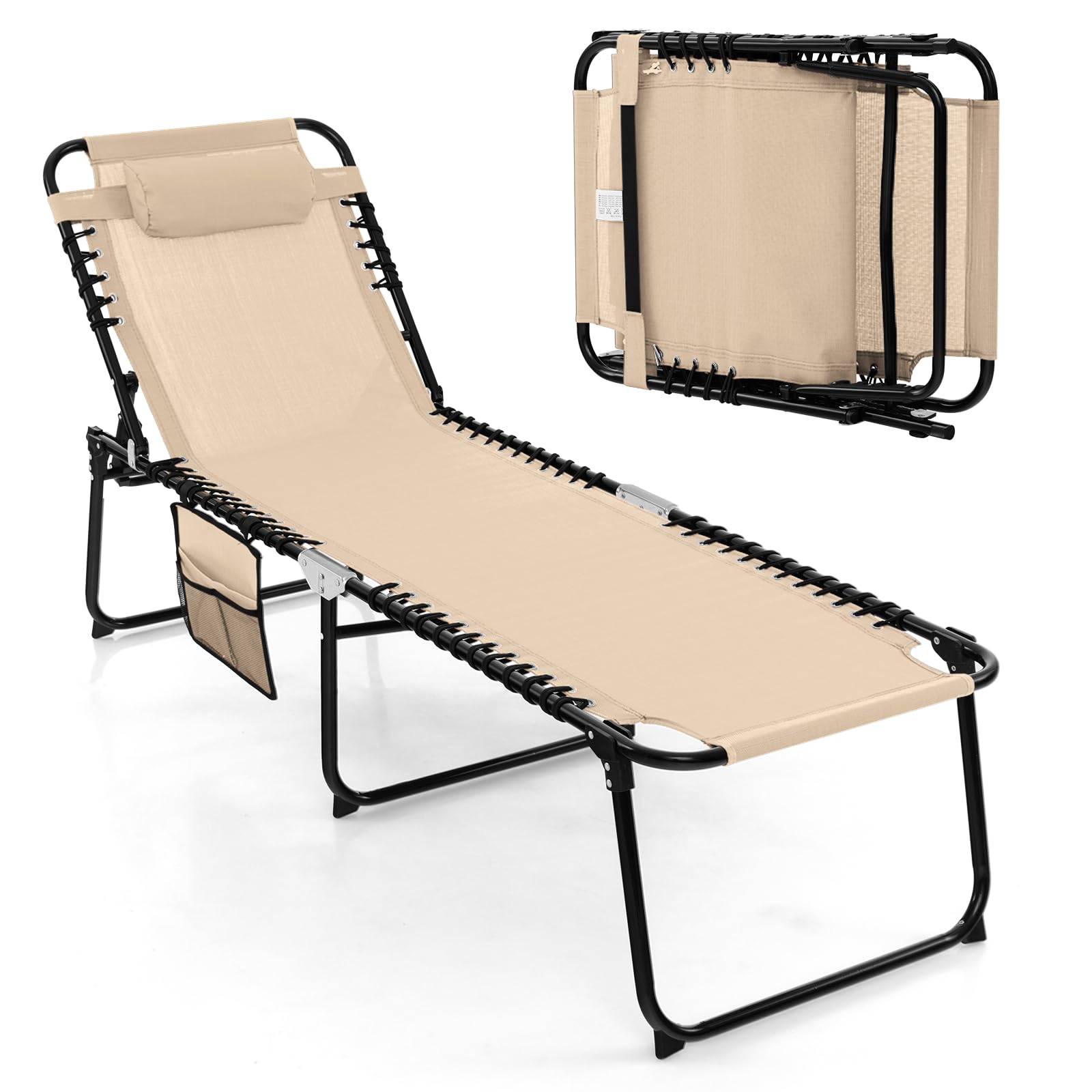 Tangkula Foldable Beach Lounge Chair for Outdoor, Reclining Chair with Removable Headrest